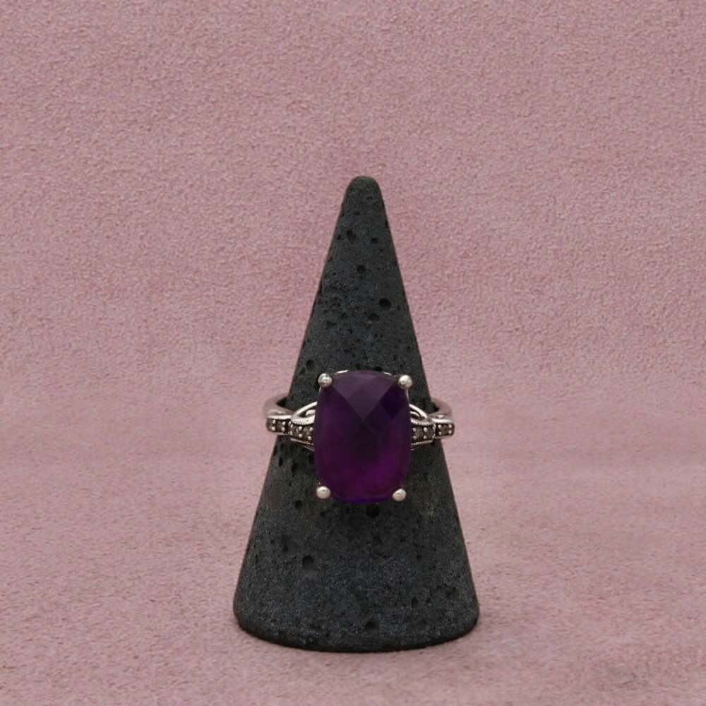 Sterling Silver Faceted Amethyst & Cushion-Cut Diamonds Ring Size 7.25